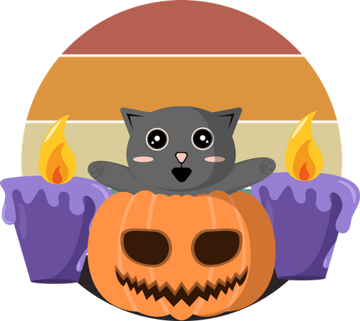 Gato em abóbora de Halloween  Ilustração