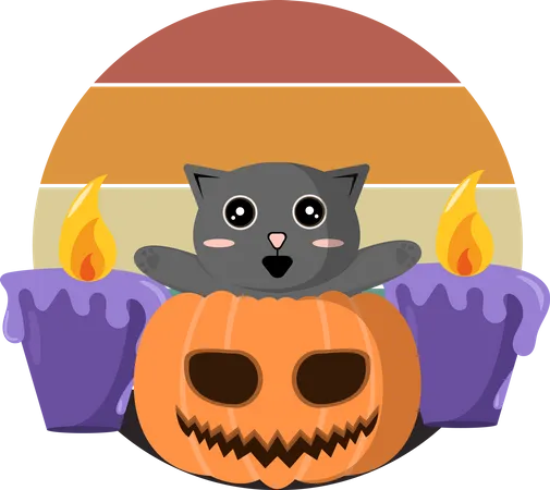 Gato em abóbora de Halloween  Ilustração