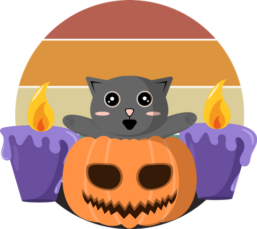 Gato en calabaza de halloween  Ilustración