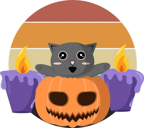 Gato en calabaza de halloween  Ilustración
