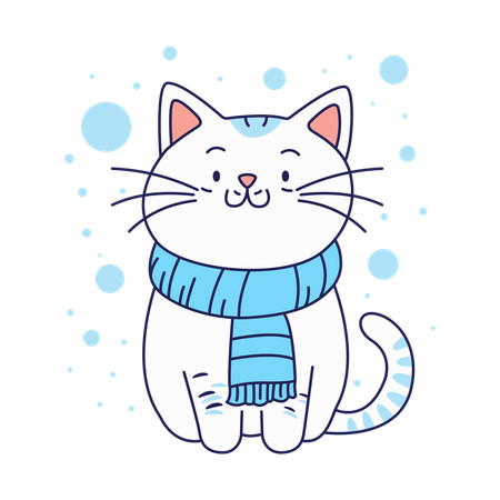 Gato fofo usando cachecol na temporada de inverno  Ilustração