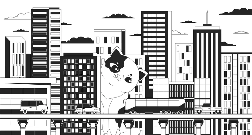 Gato gigante vigiando a cidade  Ilustração