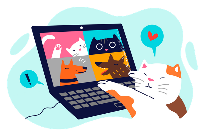 Gato hablando por videollamada con otros animales  Illustration