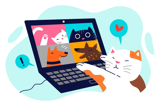 Gato hablando por videollamada con otros animales  Illustration