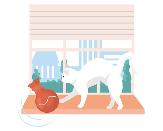 Gato jugando con jarrón  Ilustración