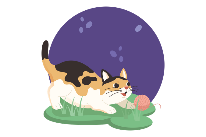 Gato jugando con pelota de lana  Ilustración