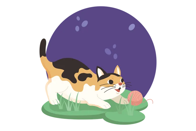 Gato jugando con pelota de lana  Ilustración