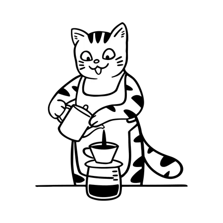 Gato juguetón sirviendo café  Ilustración