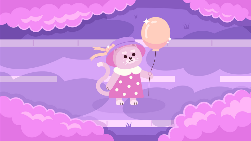 Gato kawaii con globo mirando las nubes.  Ilustración