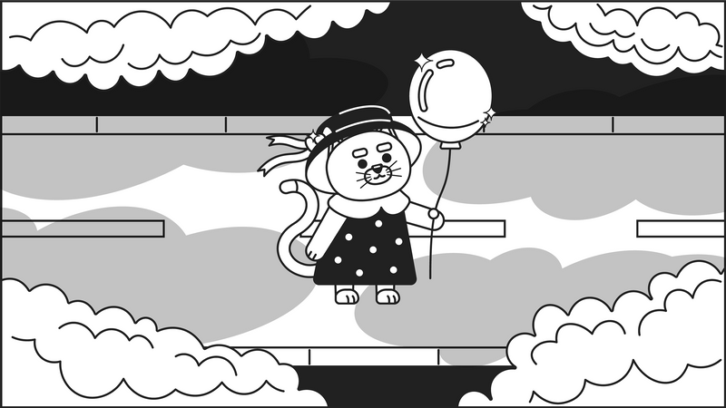 Gato kawaii con globo mirando las nubes.  Ilustración