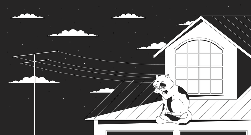 Gato lambendo a pata no telhado à noite  Ilustração