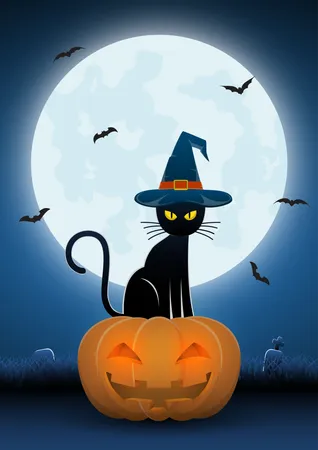 Gato negro con sombrero de bruja sentado en calabaza  Ilustración