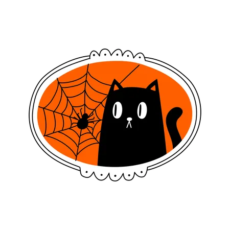 Marco de Halloween con gato negro y telaraña  Ilustración