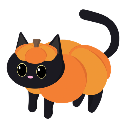 Gato negro disfrazado de calabaza  Ilustración