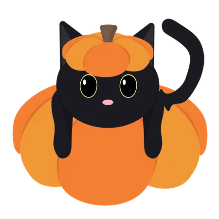 Gato negro vestido de calabaza  Ilustración