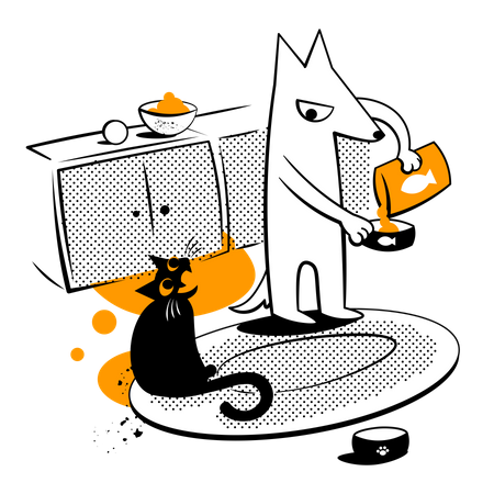 Gato pede comida ao cachorro  Ilustração