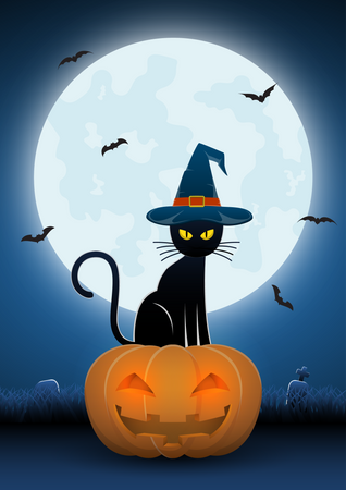 Gato preto com chapéu de bruxa sentado na abóbora  Ilustração