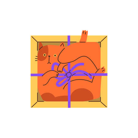 Lindo gato ruivo deitado dentro de uma caixa de presente decorada com laço  Ilustração