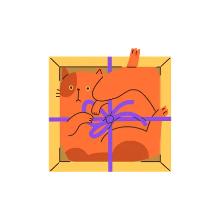 Lindo gato ruivo deitado dentro de uma caixa de presente decorada com laço  Ilustração