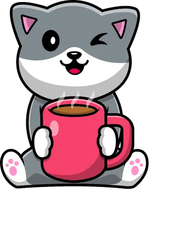 Gato segurando uma xícara de café quente  Ilustração