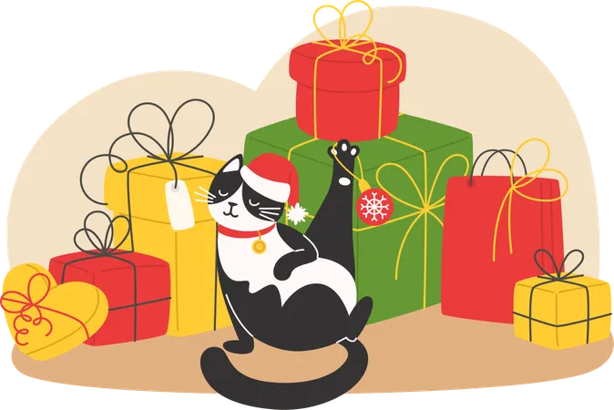 Gato sentado ao lado de uma montanha de presentes de Natal  Ilustração