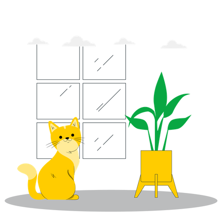 Gato sentado cerca de la planta  Ilustración