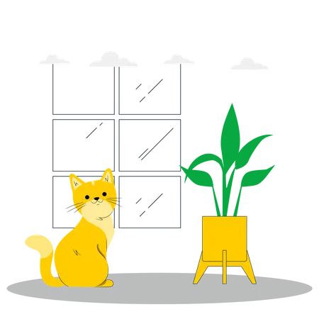 Gato sentado cerca de la planta  Ilustración