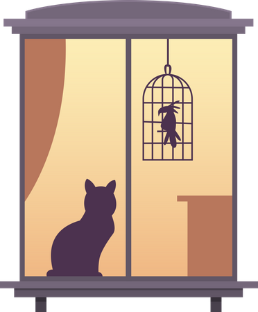 Gato sentado en la ventana vista desde la ventana  Ilustración