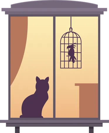 Gato sentado en la ventana vista desde la ventana  Ilustración