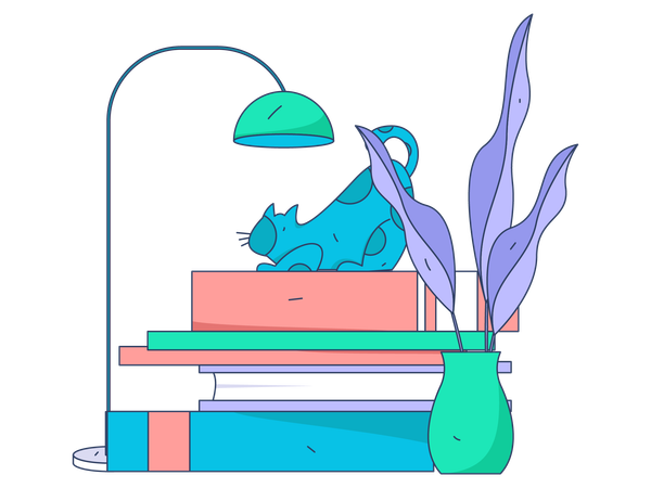 Gato sentado en libros  Ilustración