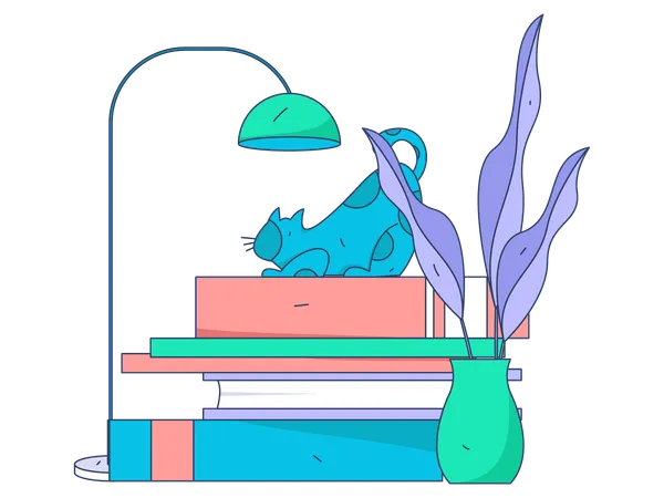 Gato sentado en libros  Ilustración