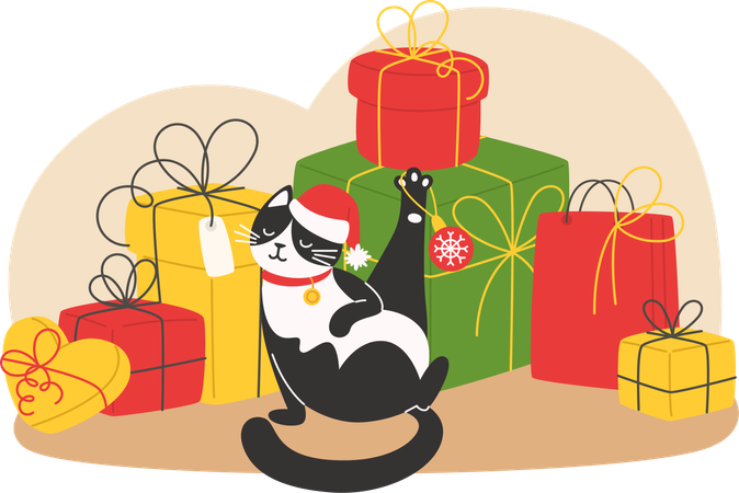 Gato se sienta junto a una montaña de regalos navideños  Ilustración