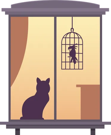Gato sentado na janela vista da janela  Ilustração