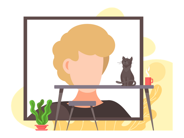 Gato sentado na mesa em frente a uma tela com um homem  Illustration