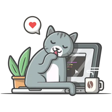 Gato sentado no laptop  Ilustração