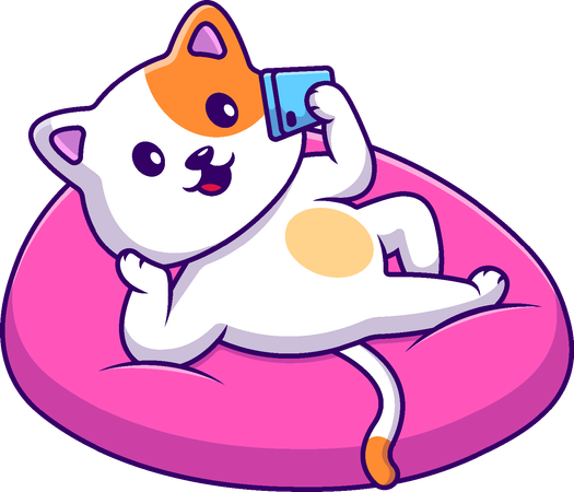 Gato sentado no travesseiro brincando com o telefone  Ilustração
