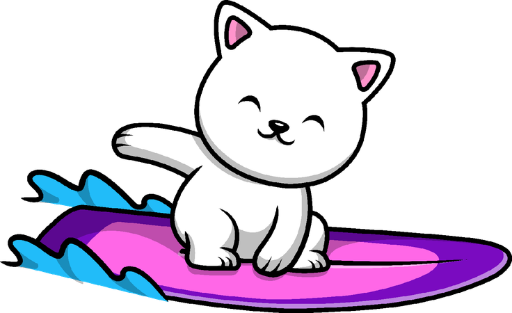 Gato surfando com prancha de surf  Ilustração