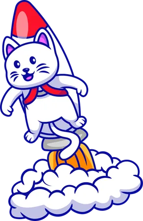 Gato volando en cohete  Ilustración