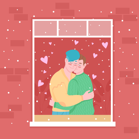 Gay couple hugging near home window Illustration