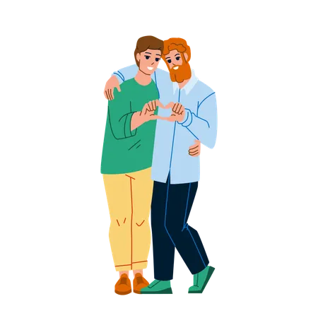Gay Couple Embracing And Showing Heart Vector Happiness Young Men Gay Couple Embrace And Enjoying Love Togetherness Sensual Characters Guys Lovely Relationship Flat Cartoon Illustration Illustration