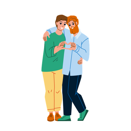 Gay Couple Embracing And Showing Heart  Illustration