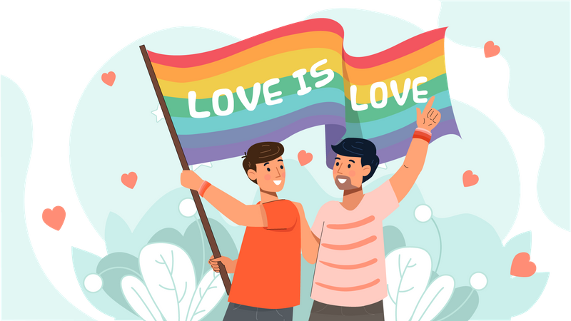 Gay couple holding LGBT flag  Illustration