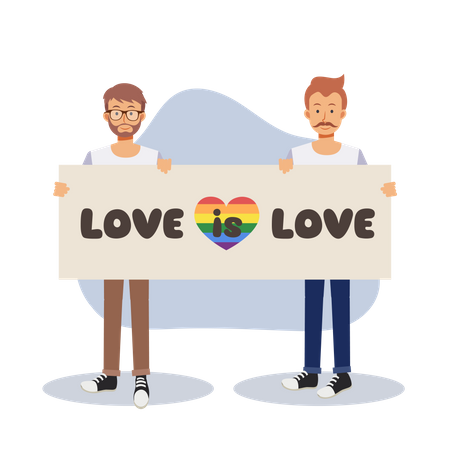 Gay couple holding love is love board  Illustration