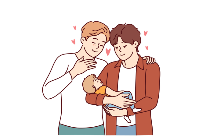 Gay couple holds child in hands and smiles  Illustration