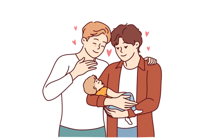 Gay Couple Of Two Men Holds Child In Hands And Smiles Rejoicing At Presence Of Law Giving Right To Adopt Children Gay Family Admires Sleeping Baby For Concept Of Parenthood For LGBT People Illustration