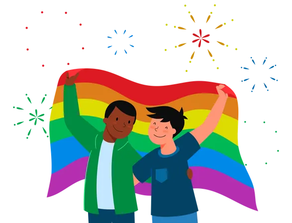 Gay couple walking with Pride flag  Illustration