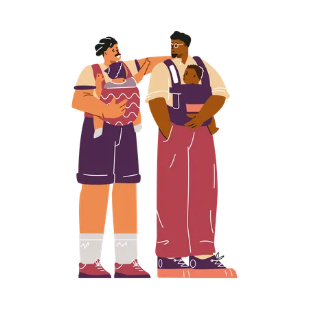 Gay couple with children in carriers  Illustration