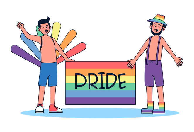 Gay couple with pride flag  Illustration