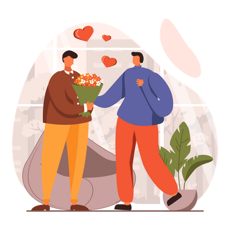 Gay donnant un bouquet à un rendez-vous  Illustration