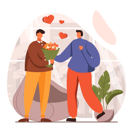 Gay giving bouquet on date  Illustration